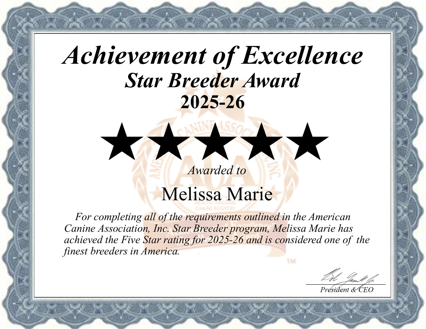 Melissa, Marie, dog, breeder, star, certificate, Melissa-Marie, Hillsboro, IA, Iowa, puppy, dog, kennels, mill, puppymill, usda, 5-star, aca, ica, registered, Goldendoodle